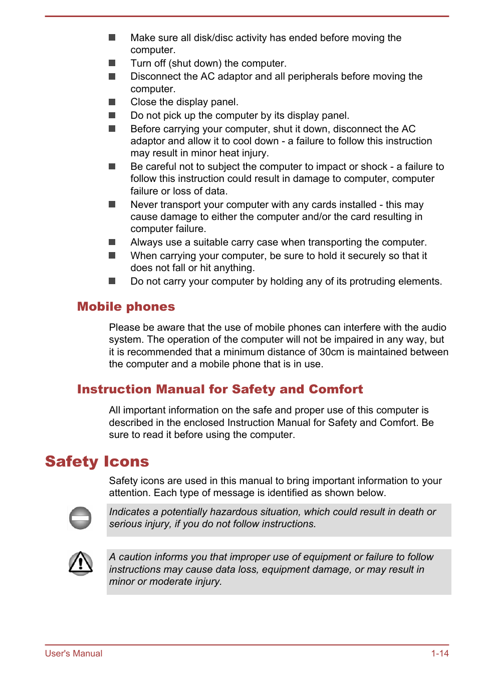 Mobile phones, Instruction manual for safety and comfort, Safety icons | Safety icons -14 | Toshiba Satellite Pro L70-A User Manual | Page 17 / 140