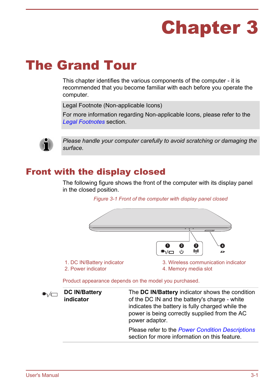 Chapter 3 the grand tour, Front with the display closed, Chapter 3 | The grand tour, Front with the display closed -1 | Toshiba Satellite Pro L70-A User Manual | Page 31 / 140