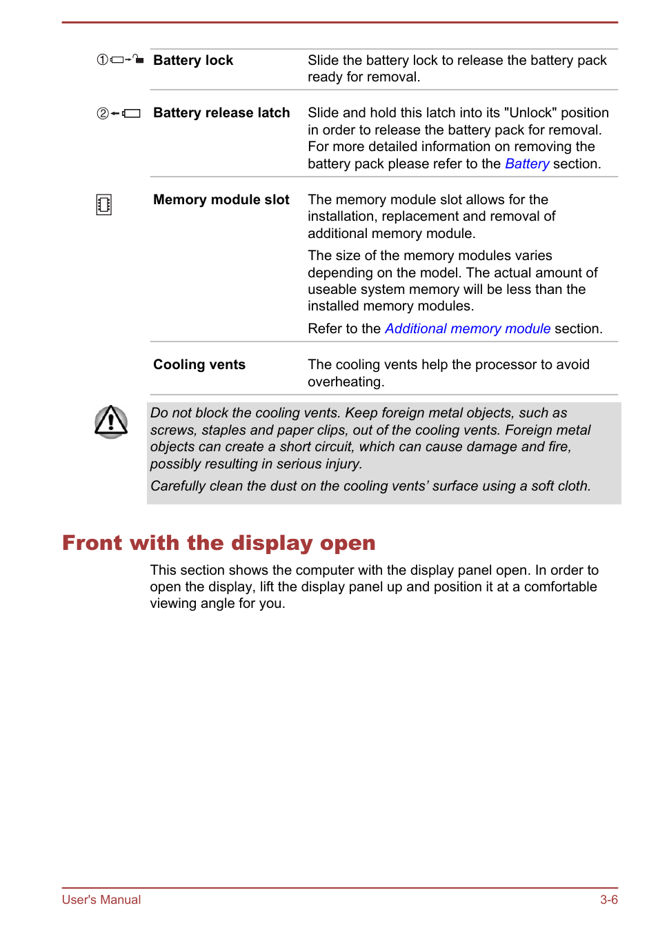 Front with the display open, Front with the display open -6 | Toshiba Satellite Pro L70-A User Manual | Page 36 / 140