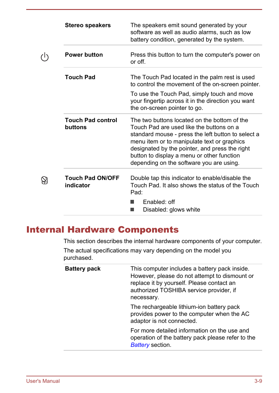 Internal hardware components, Internal hardware components -9 | Toshiba Satellite Pro L70-A User Manual | Page 39 / 140