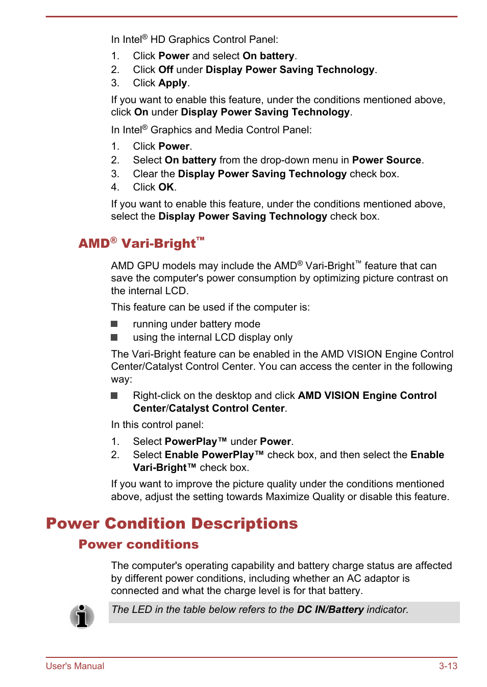 Amd® vari-bright, Power condition descriptions, Power conditions | Power condition descriptions -13, Vari-bright | Toshiba Satellite Pro L70-A User Manual | Page 43 / 140