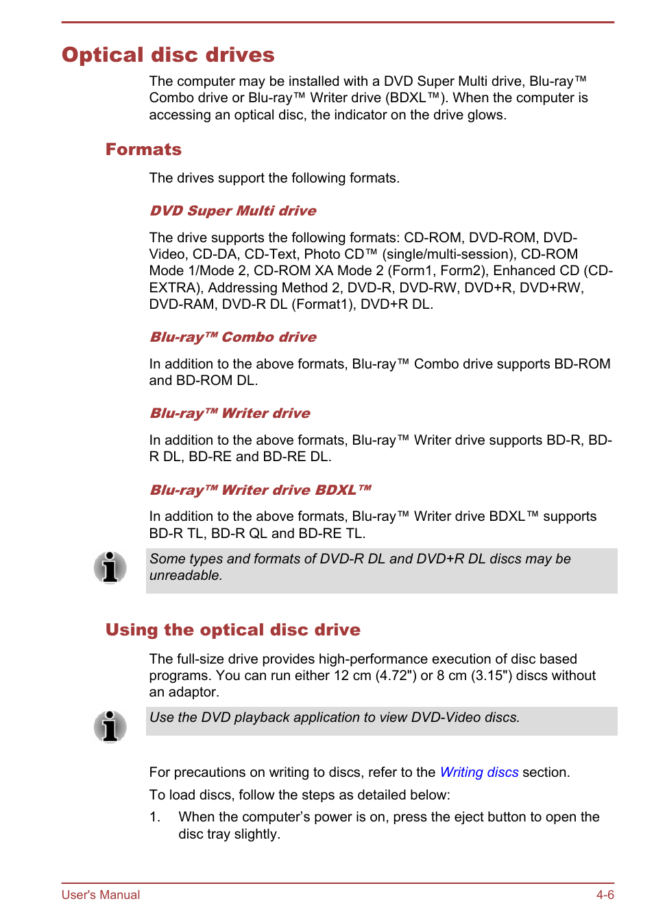 Optical disc drives, Formats, Using the optical disc drive | Optical disc drives -6 | Toshiba Satellite Pro L70-A User Manual | Page 51 / 140