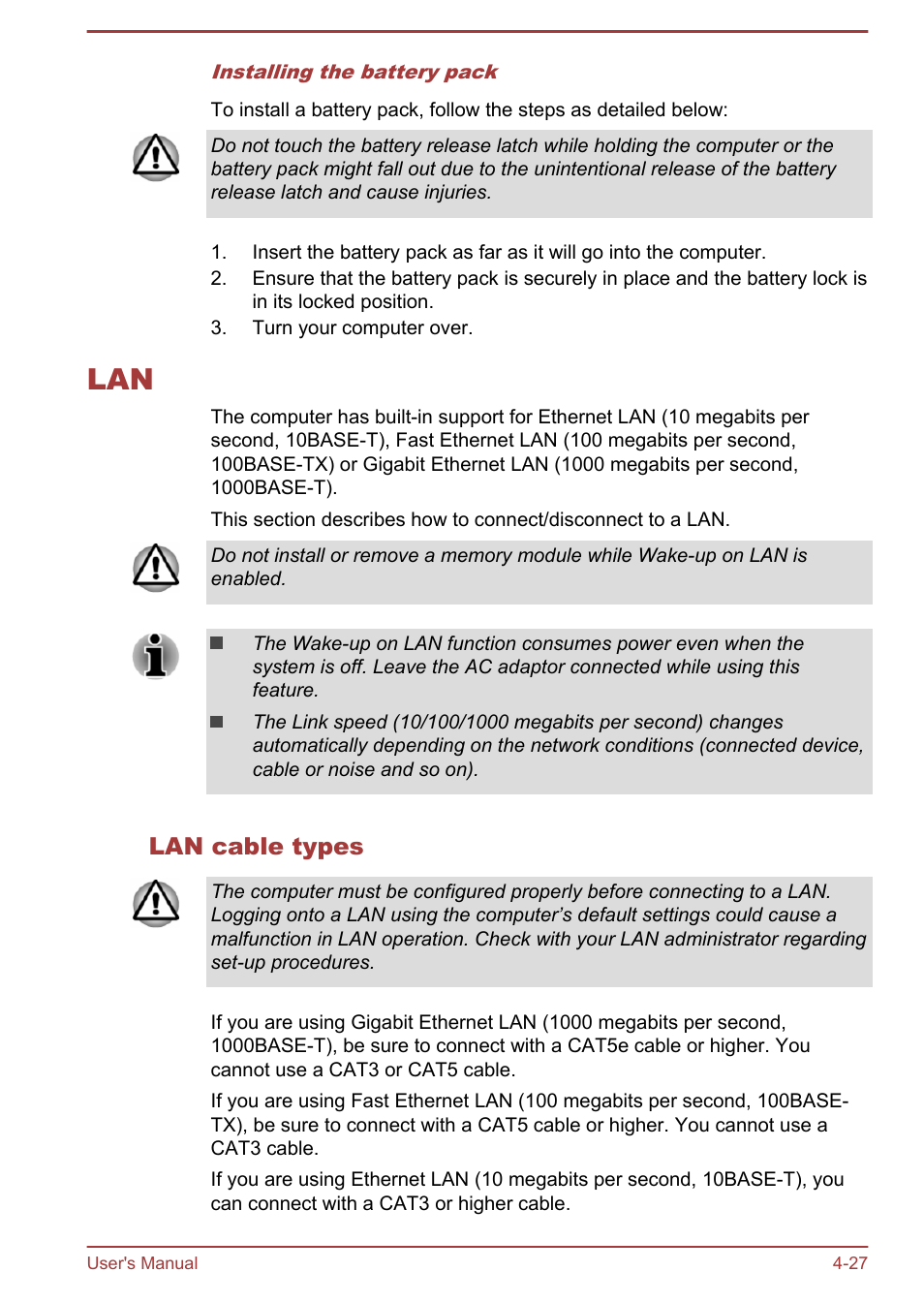 Lan cable types, Lan -27 | Toshiba Satellite Pro L70-A User Manual | Page 72 / 140