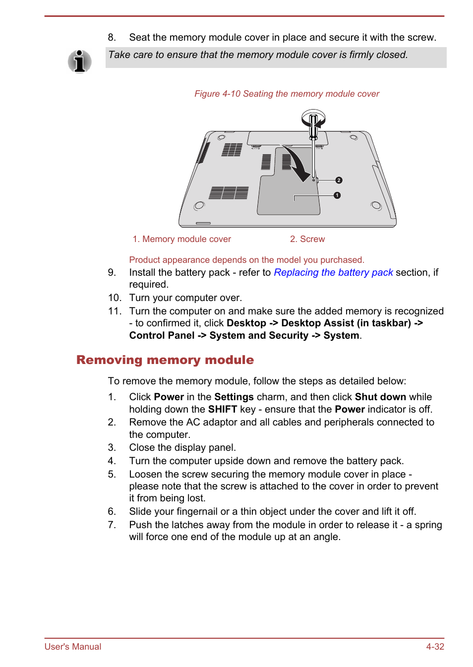 Removing memory module | Toshiba Satellite Pro L70-A User Manual | Page 77 / 140