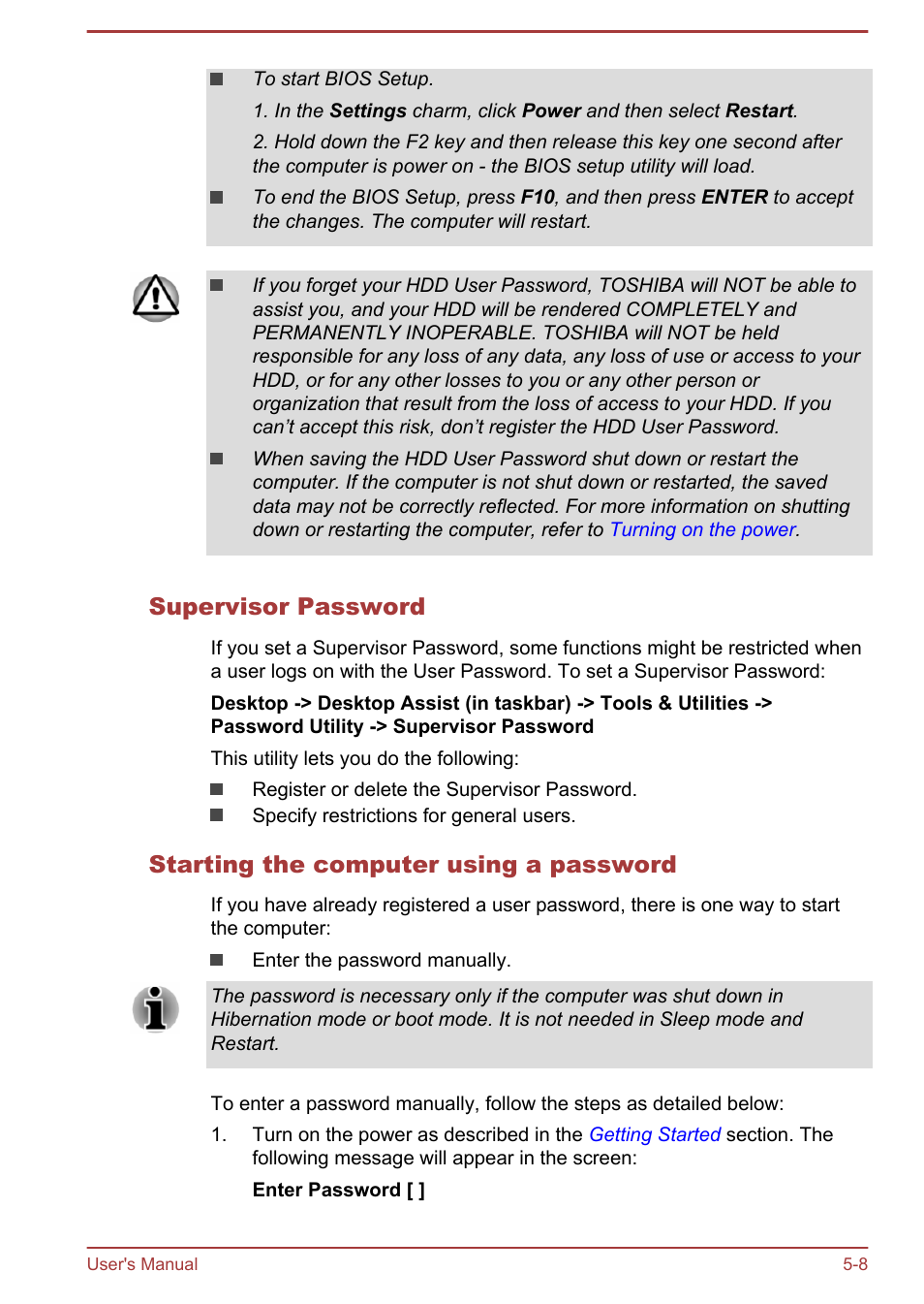 Supervisor password, Starting the computer using a password | Toshiba Satellite Pro L70-A User Manual | Page 96 / 140