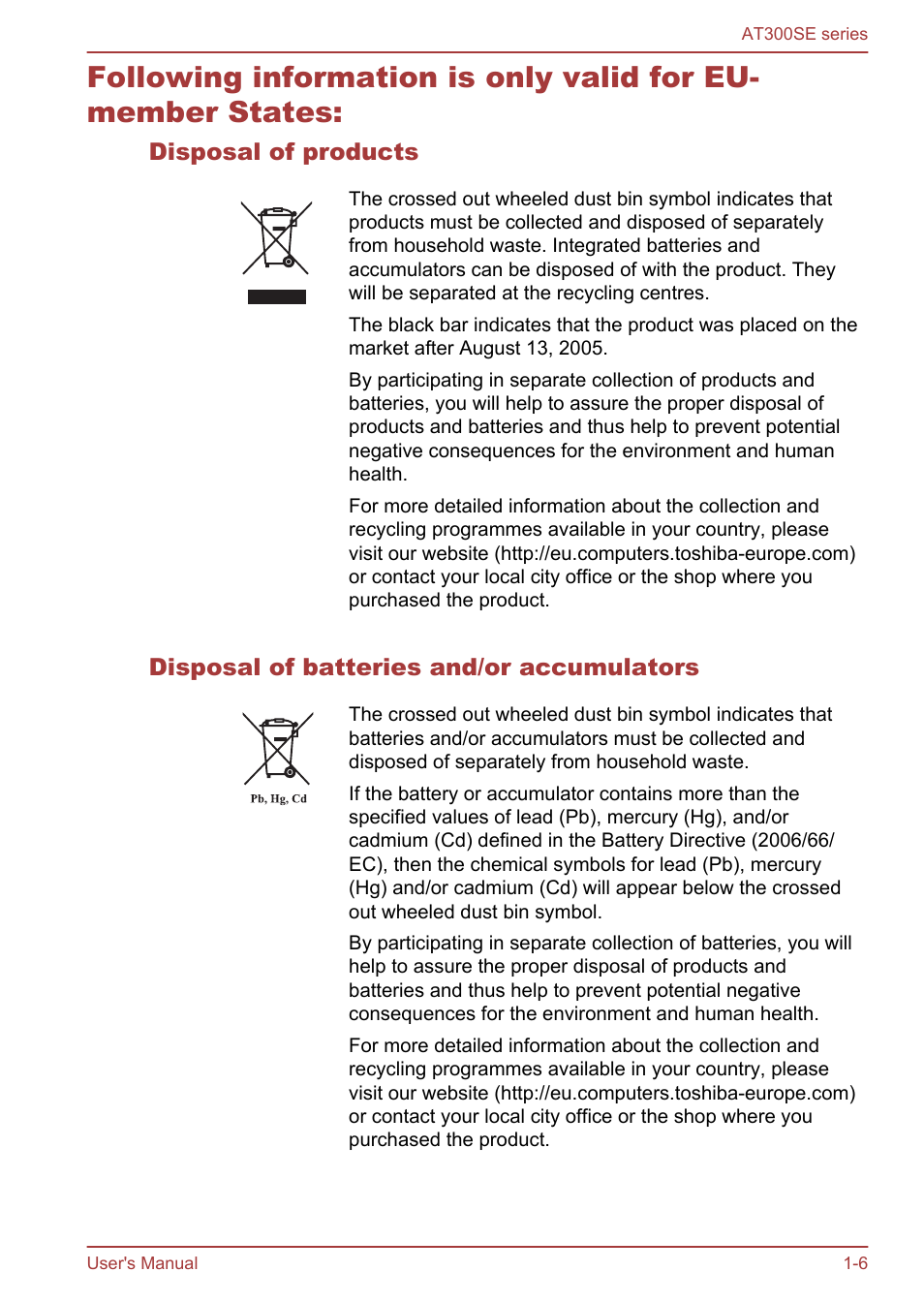 Disposal of products, Disposal of batteries and/or accumulators | Toshiba AT300SE-B User Manual | Page 10 / 80