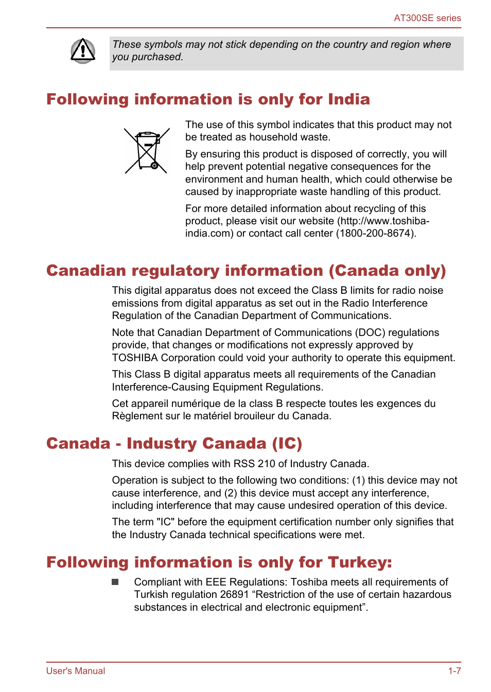 Following information is only for india, Canadian regulatory information (canada only), Canada - industry canada (ic) | Following information is only for turkey | Toshiba AT300SE-B User Manual | Page 11 / 80