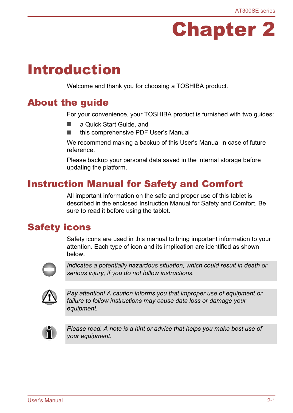 Chapter 2 introduction, About the guide, Instruction manual for safety and comfort | Safety icons, Chapter 2, Introduction | Toshiba AT300SE-B User Manual | Page 13 / 80