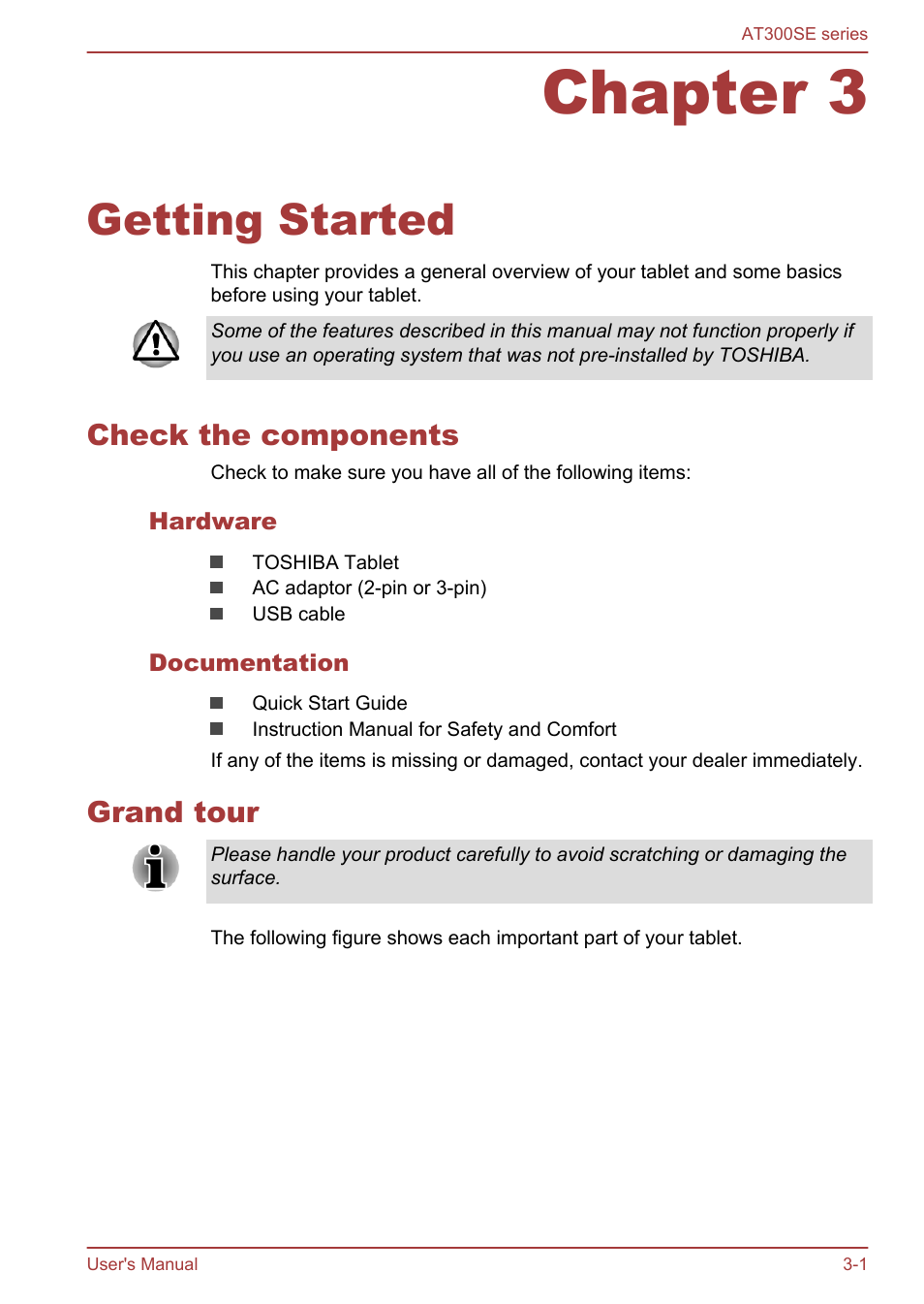 Chapter 3 getting started, Check the components, Hardware | Documentation, Grand tour, Chapter 3, Getting started, Check the components -1 grand tour -1 | Toshiba AT300SE-B User Manual | Page 14 / 80