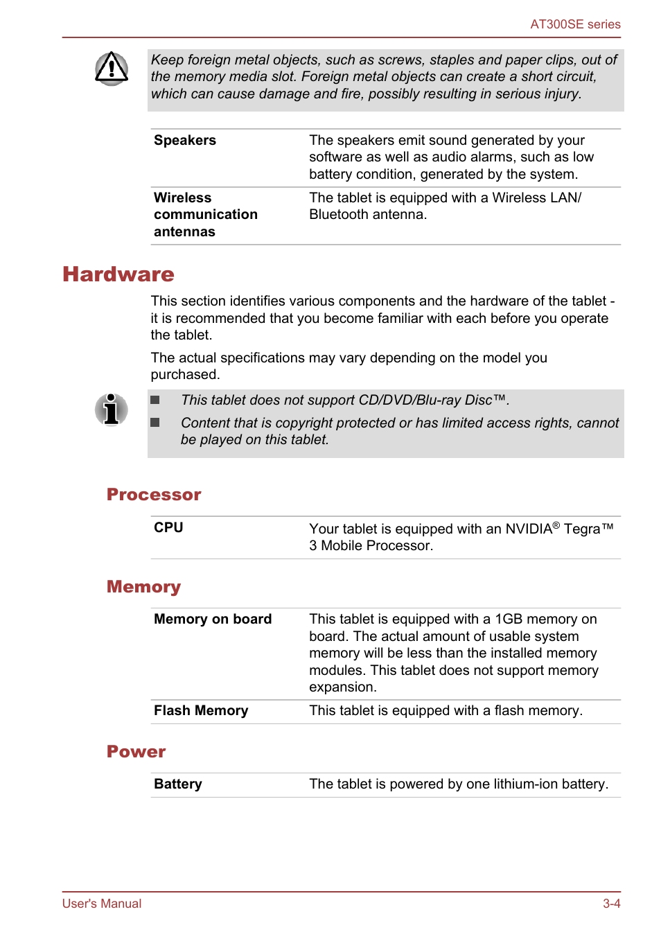 Hardware, Processor, Memory | Power, Hardware -4 | Toshiba AT300SE-B User Manual | Page 17 / 80