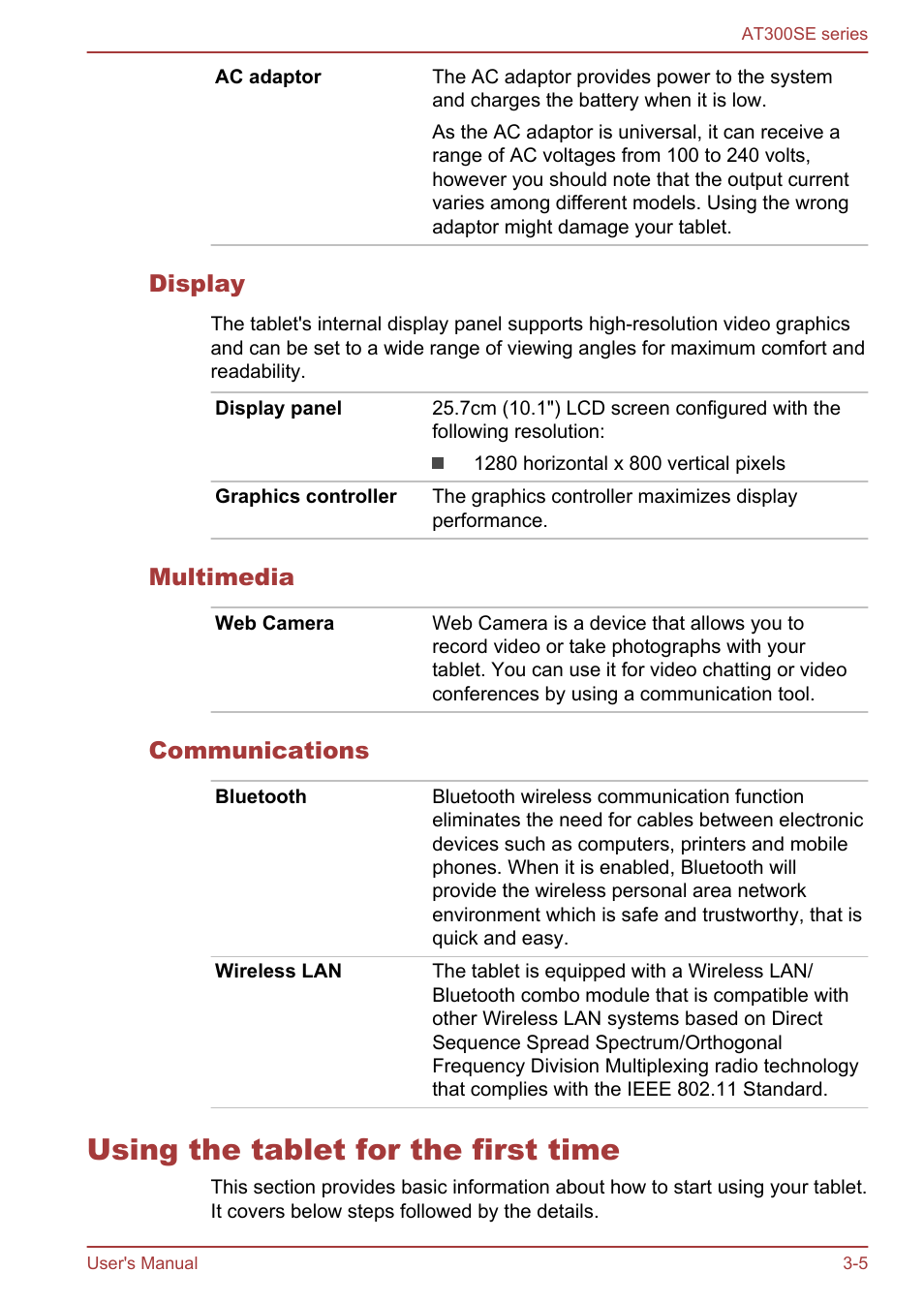 Display, Multimedia, Communications | Using the tablet for the first time, Using the tablet for the first time -5 | Toshiba AT300SE-B User Manual | Page 18 / 80