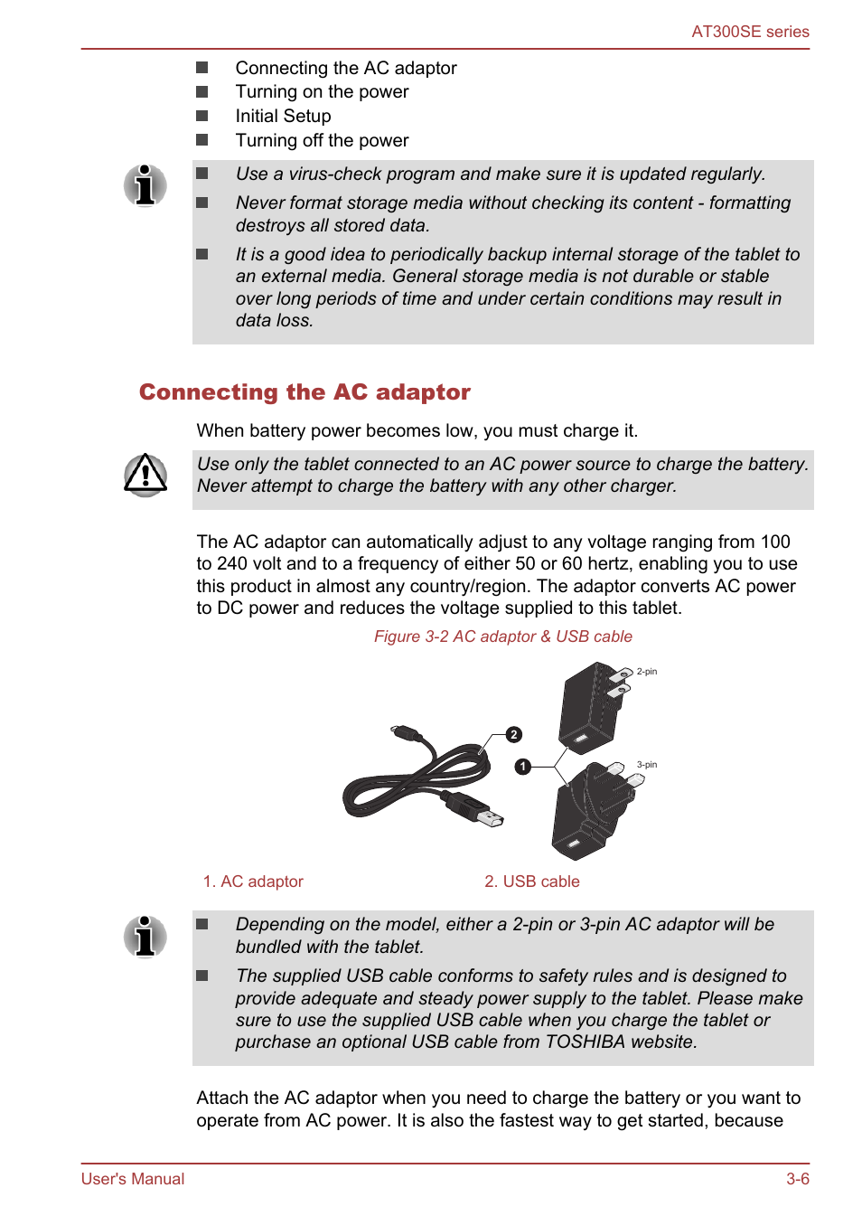 Connecting the ac adaptor | Toshiba AT300SE-B User Manual | Page 19 / 80