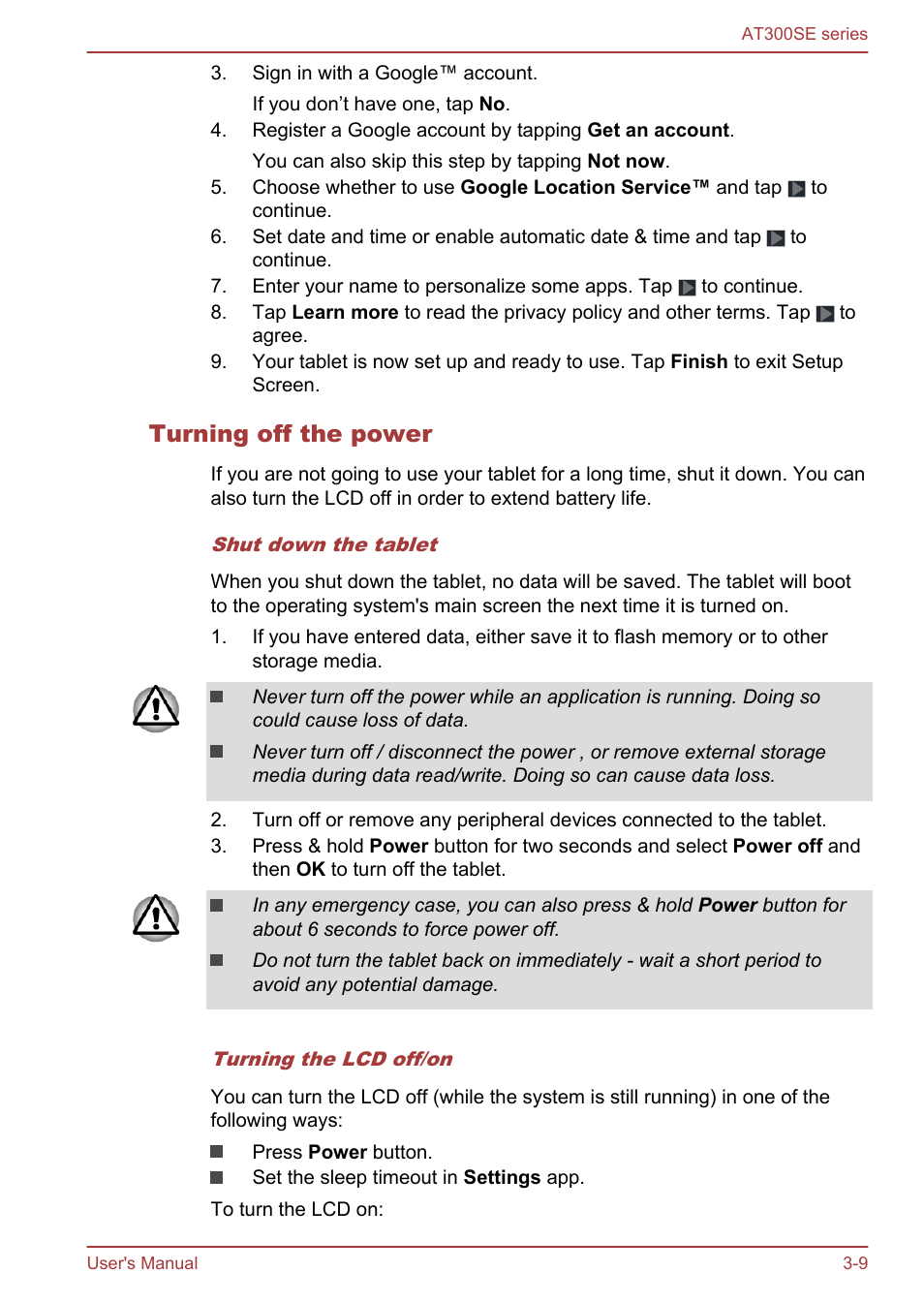 Turning off the power | Toshiba AT300SE-B User Manual | Page 22 / 80