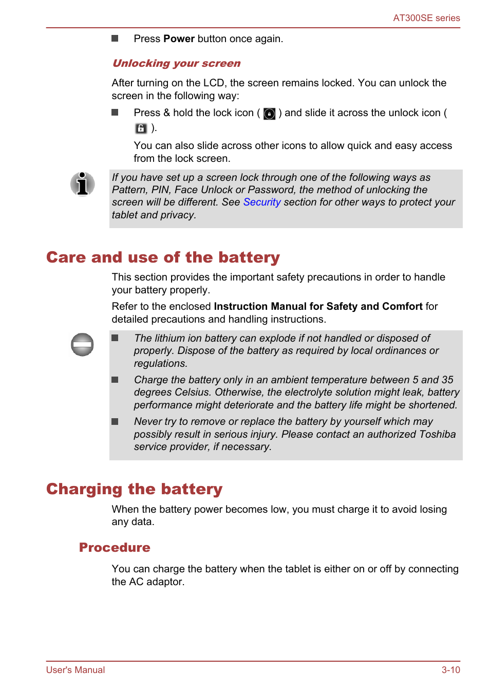 Care and use of the battery, Charging the battery, Procedure | Toshiba AT300SE-B User Manual | Page 23 / 80