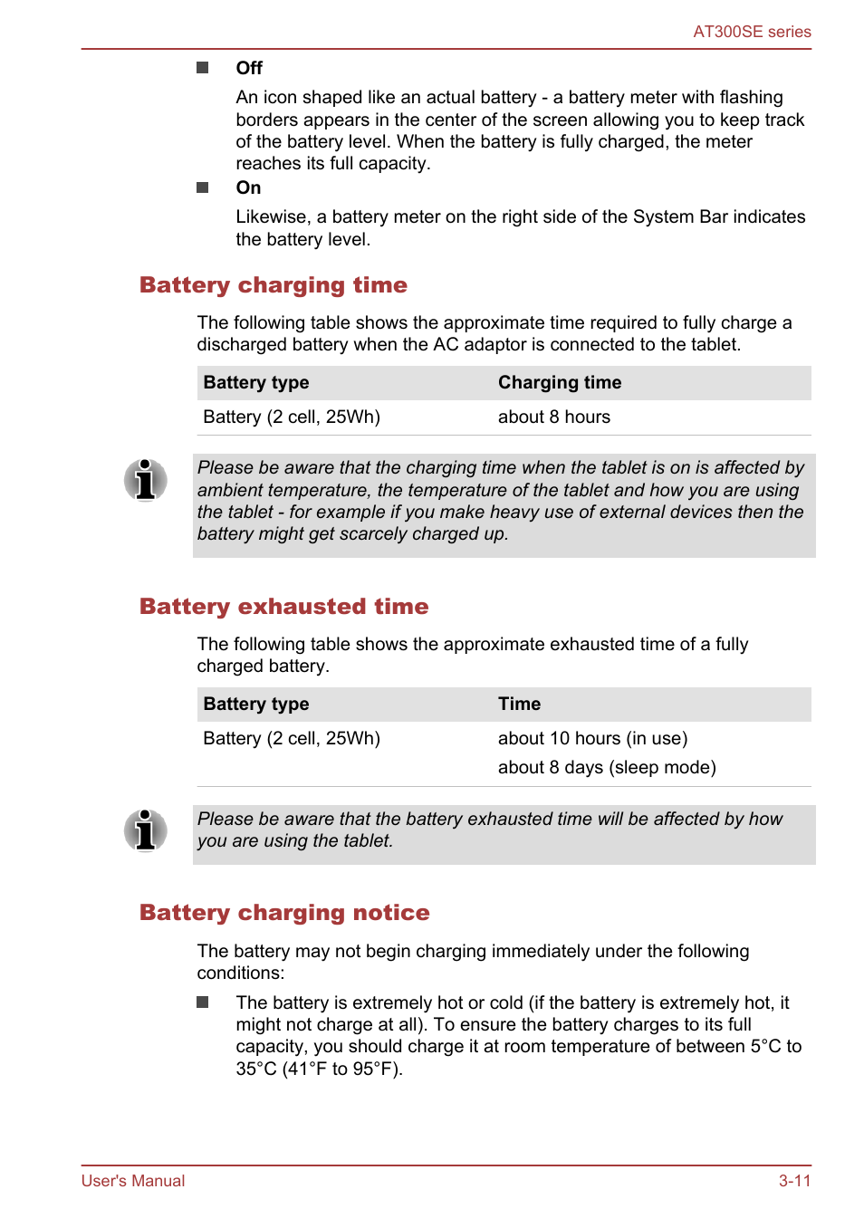 Battery charging time, Battery exhausted time, Battery charging notice | Toshiba AT300SE-B User Manual | Page 24 / 80