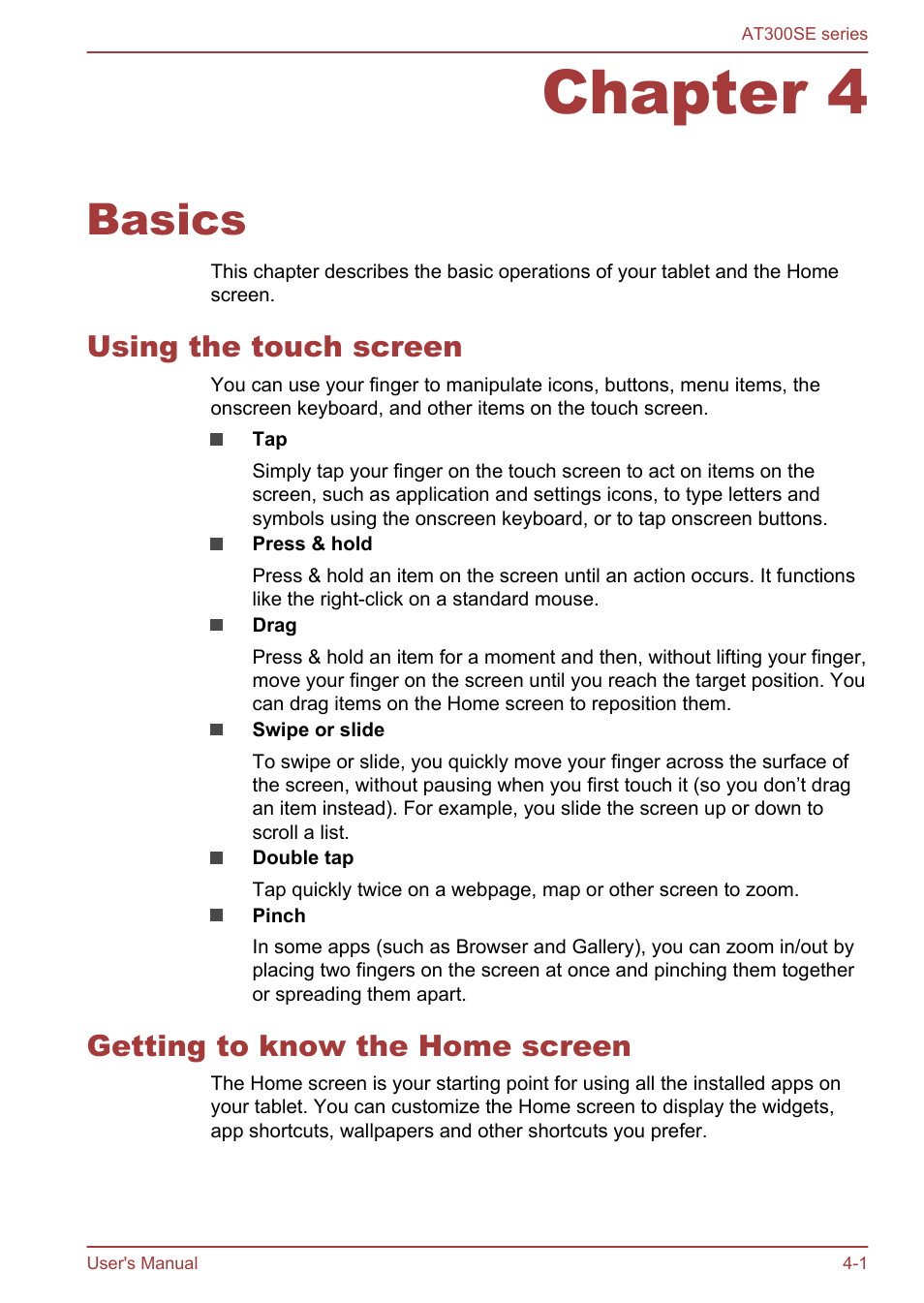 Chapter 4 basics, Using the touch screen, Getting to know the home screen | Chapter 4, Basics | Toshiba AT300SE-B User Manual | Page 26 / 80