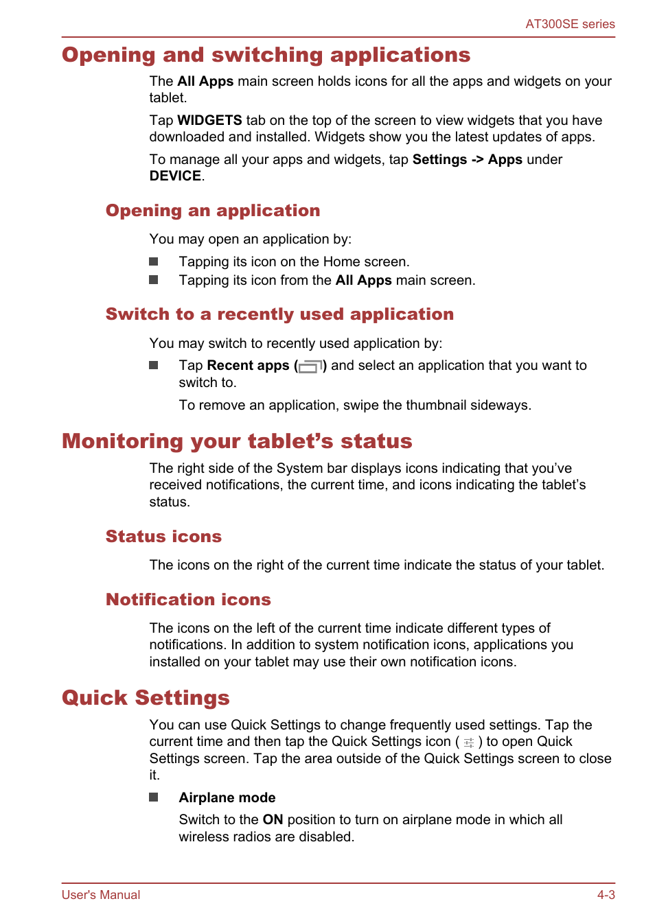 Opening and switching applications, Opening an application, Switch to a recently used application | Monitoring your tablet’s status, Status icons, Notification icons, Quick settings | Toshiba AT300SE-B User Manual | Page 28 / 80