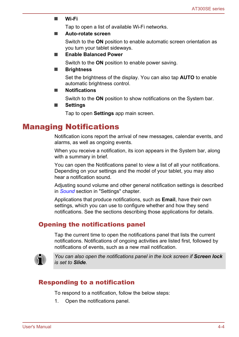 Managing notifications, Opening the notifications panel, Responding to a notification | Managing notifications -4 | Toshiba AT300SE-B User Manual | Page 29 / 80