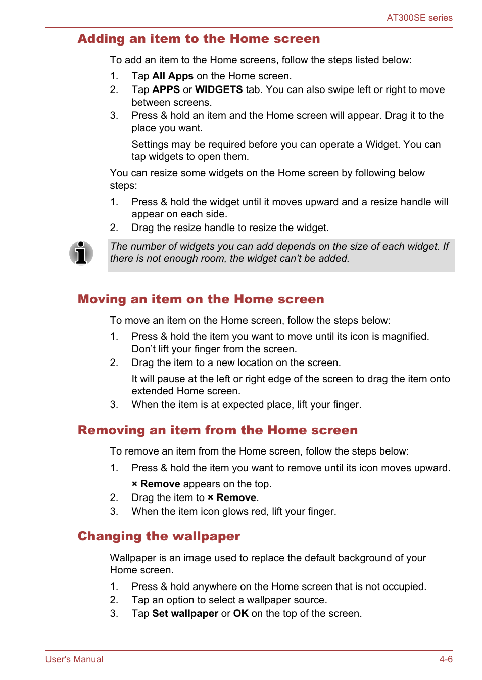 Adding an item to the home screen, Moving an item on the home screen, Removing an item from the home screen | Changing the wallpaper | Toshiba AT300SE-B User Manual | Page 31 / 80