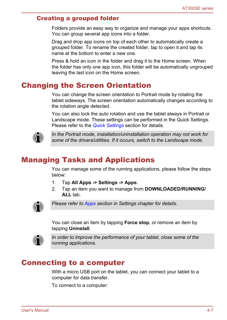 Creating a grouped folder, Changing the screen orientation, Managing tasks and applications | Connecting to a computer | Toshiba AT300SE-B User Manual | Page 32 / 80