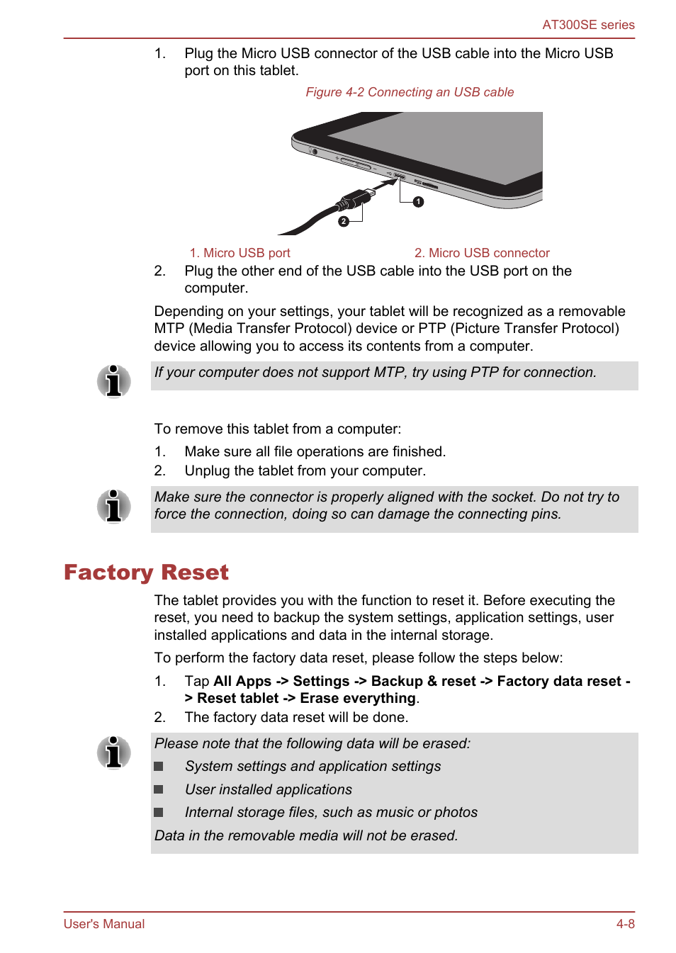 Factory reset, Factory reset -8 | Toshiba AT300SE-B User Manual | Page 33 / 80