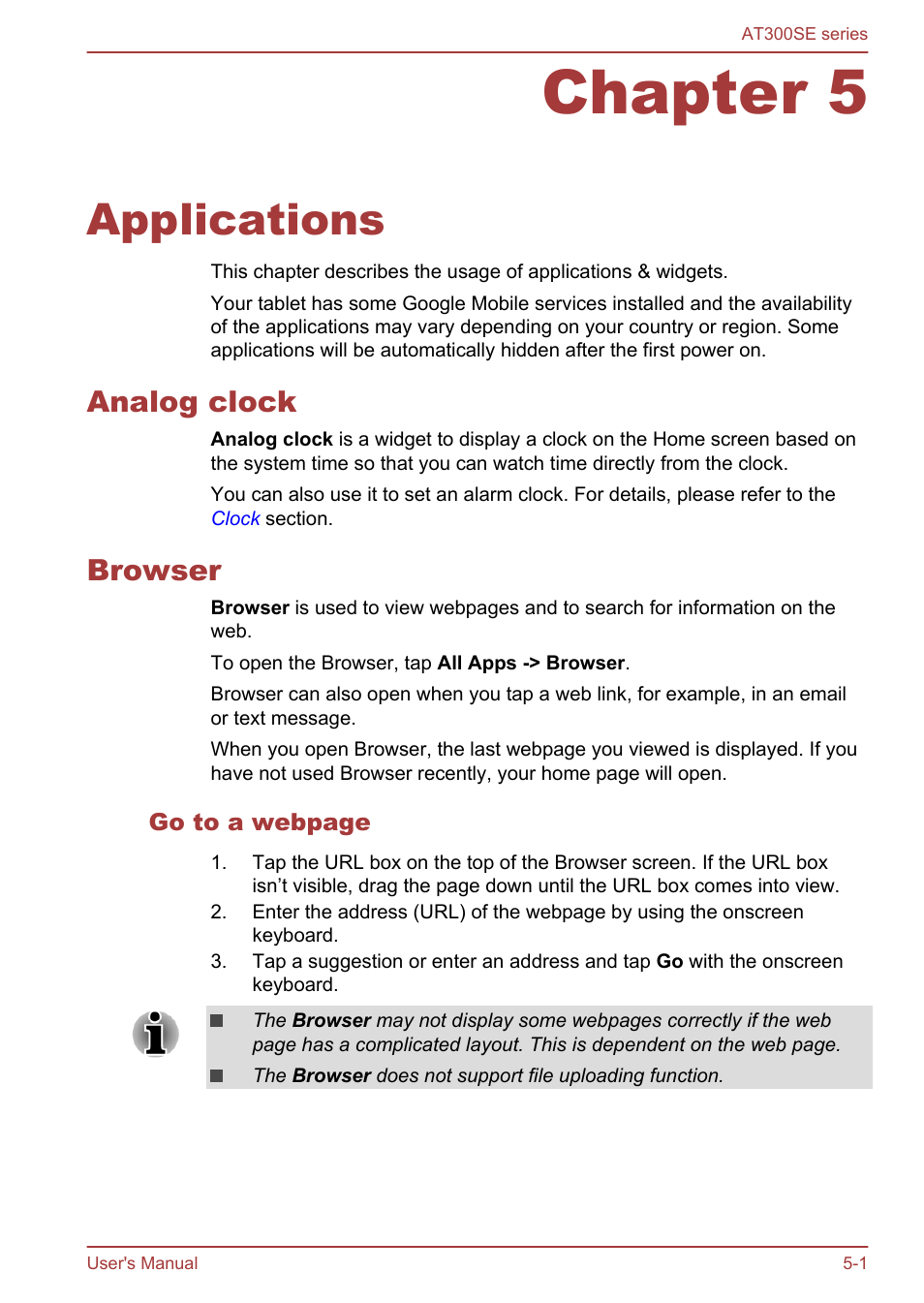 Chapter 5 applications, Analog clock, Browser | Chapter 5, Applications, Analog clock -1 browser -1 | Toshiba AT300SE-B User Manual | Page 34 / 80