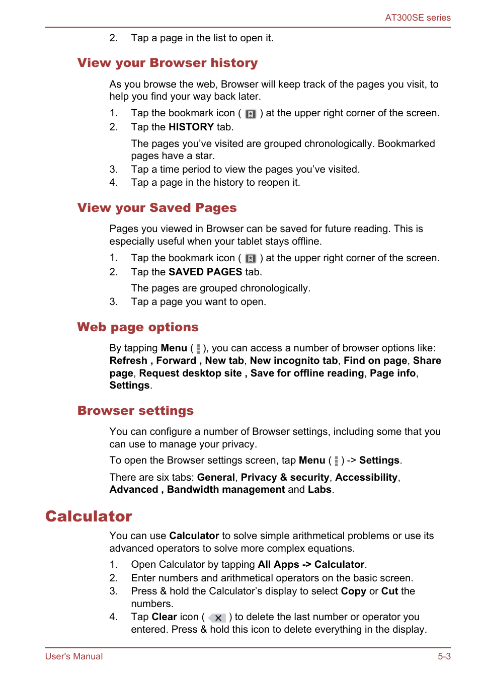 View your browser history, Browser settings, Calculator | Calculator -3, View your saved pages, Web page options | Toshiba AT300SE-B User Manual | Page 36 / 80