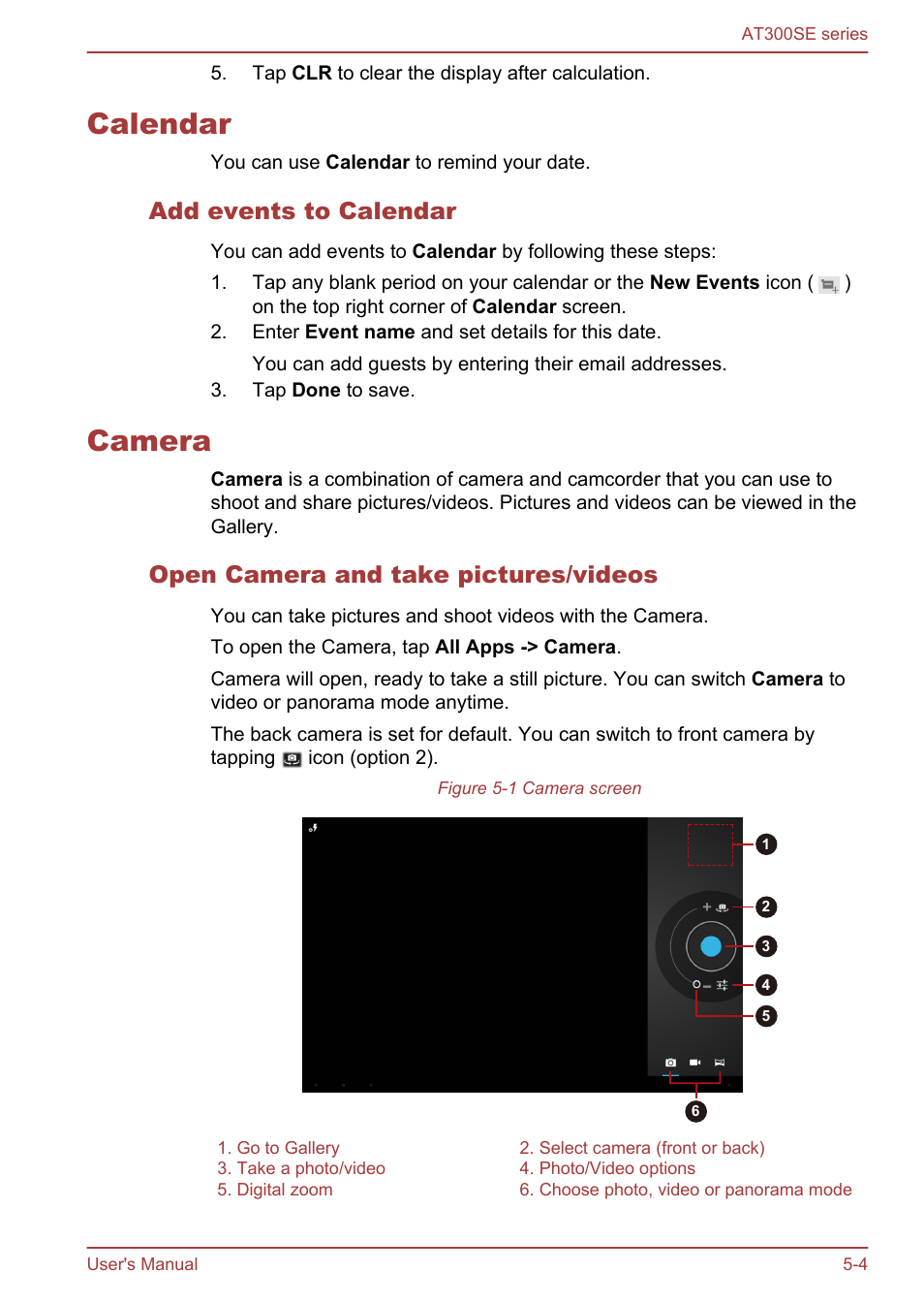 Calendar, Add events to calendar, Camera | Open camera and take pictures/videos, Calendar -4 camera -4 | Toshiba AT300SE-B User Manual | Page 37 / 80