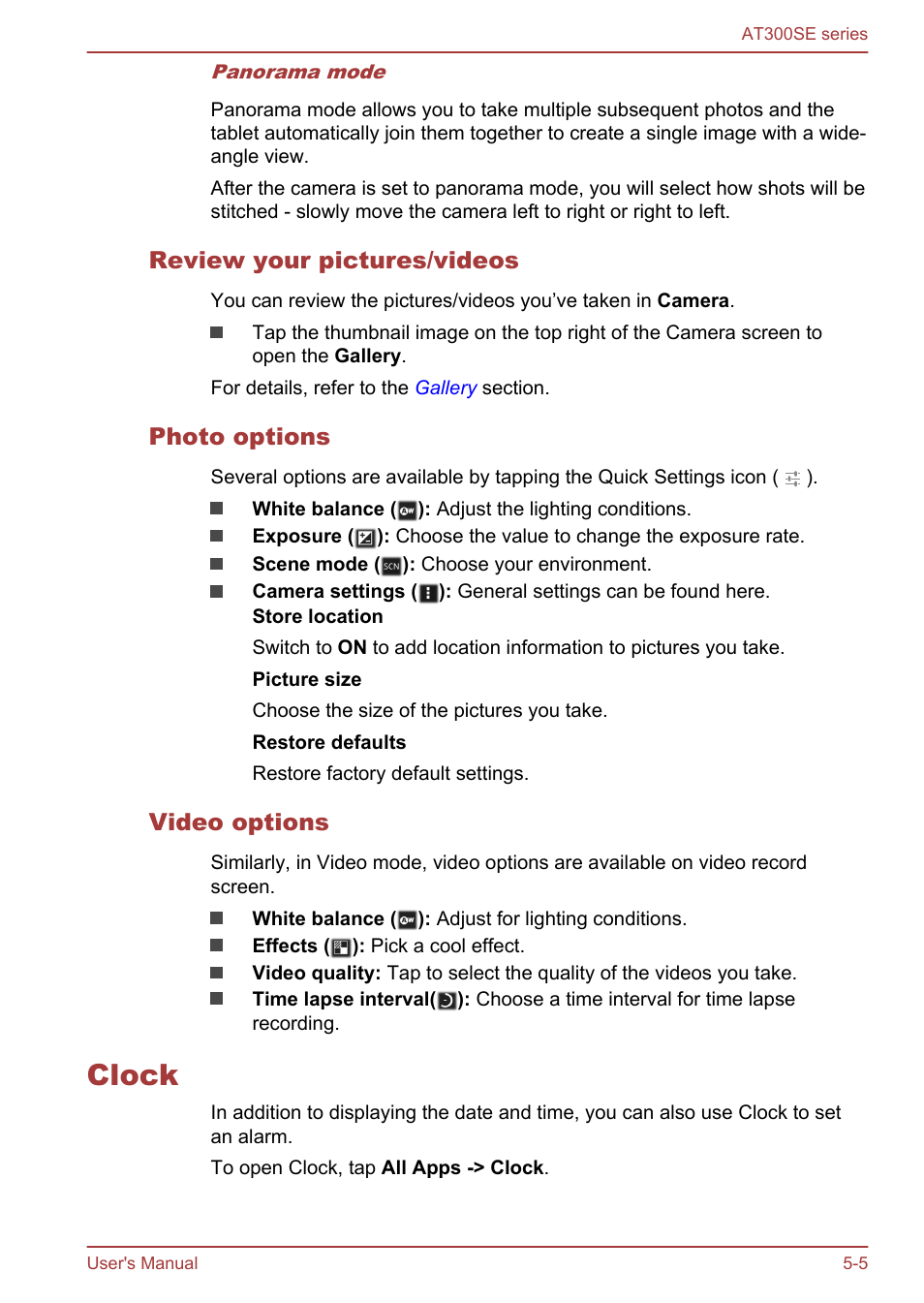 Review your pictures/videos, Photo options, Video options | Clock, Clock -5 | Toshiba AT300SE-B User Manual | Page 38 / 80