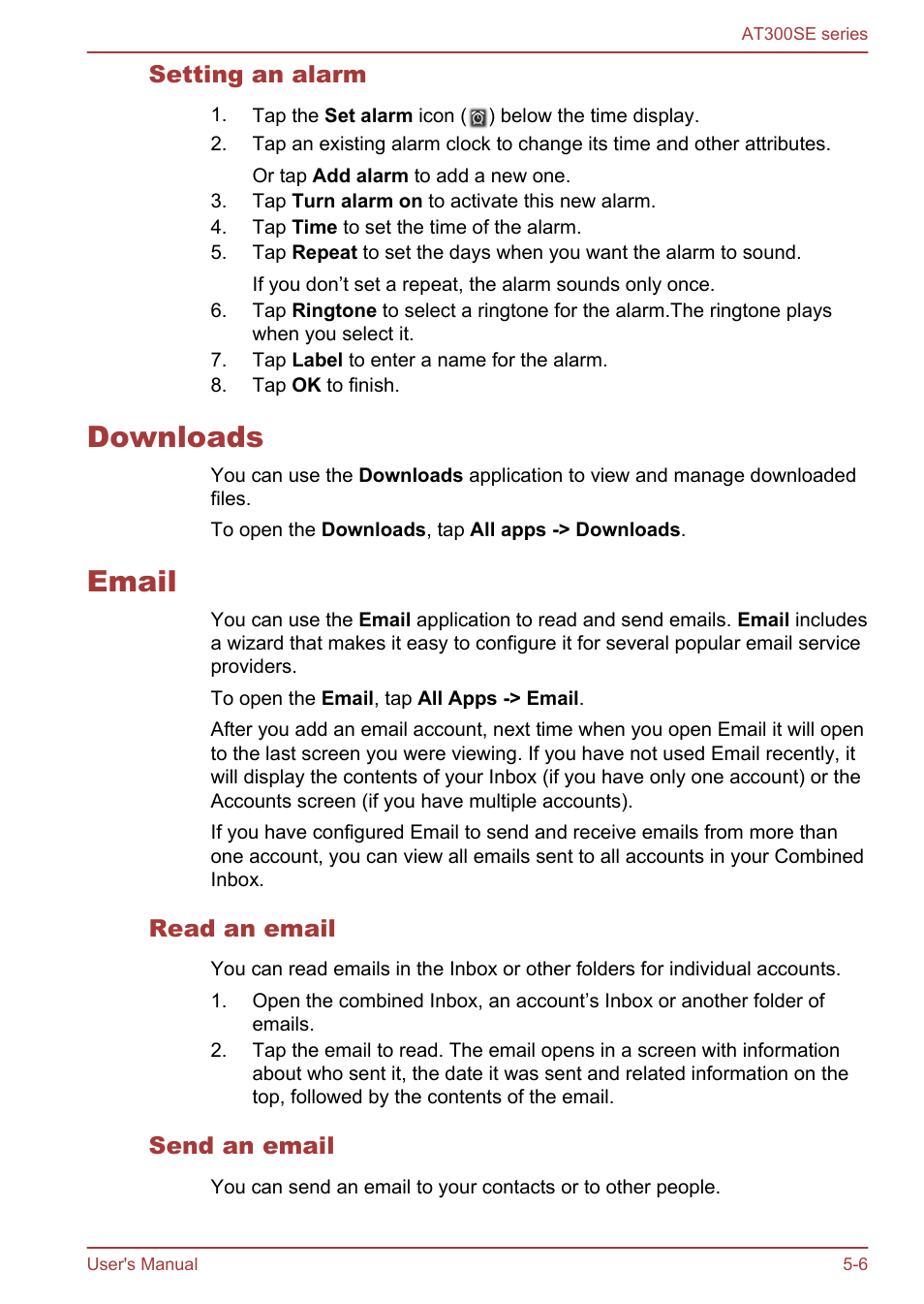 Setting an alarm, Downloads, Email | Read an email, Send an email, Downloads -6 email -6 | Toshiba AT300SE-B User Manual | Page 39 / 80