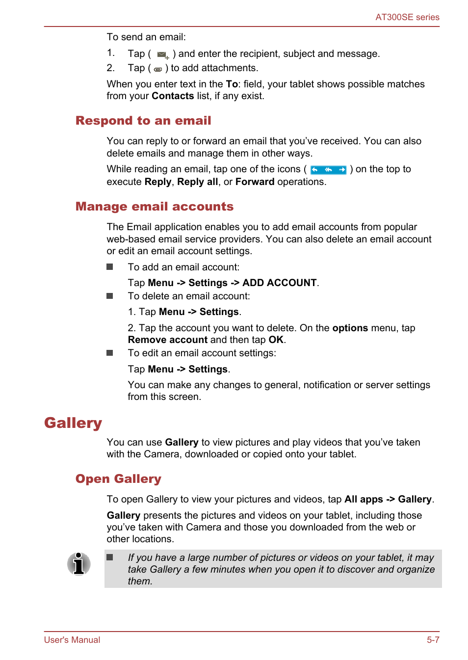 Respond to an email, Manage email accounts, Gallery | Open gallery, Gallery -7 | Toshiba AT300SE-B User Manual | Page 40 / 80