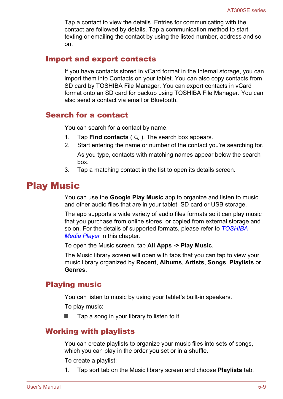 Import and export contacts, Search for a contact, Play music | Playing music, Working with playlists, Play music -9 | Toshiba AT300SE-B User Manual | Page 42 / 80