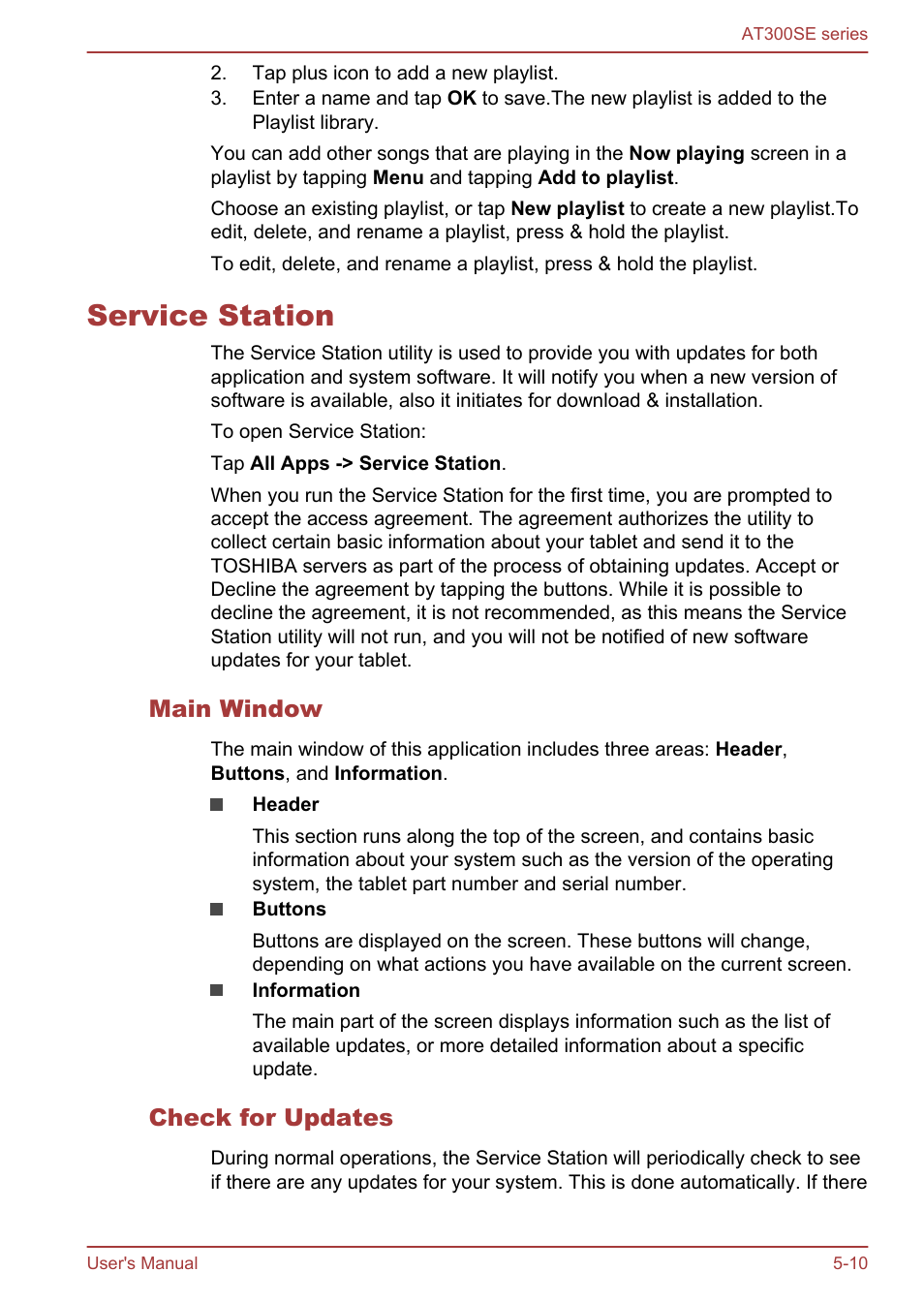 Service station, Main window, Check for updates | Service station -10 | Toshiba AT300SE-B User Manual | Page 43 / 80
