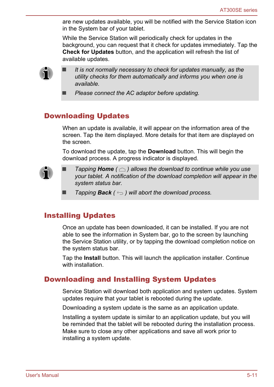 Downloading updates, Installing updates, Downloading and installing system updates | Toshiba AT300SE-B User Manual | Page 44 / 80