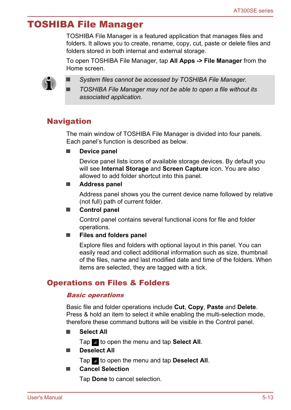 Toshiba file manager, Navigation, Operations on files & folders | Toshiba file manager -13 | Toshiba AT300SE-B User Manual | Page 46 / 80