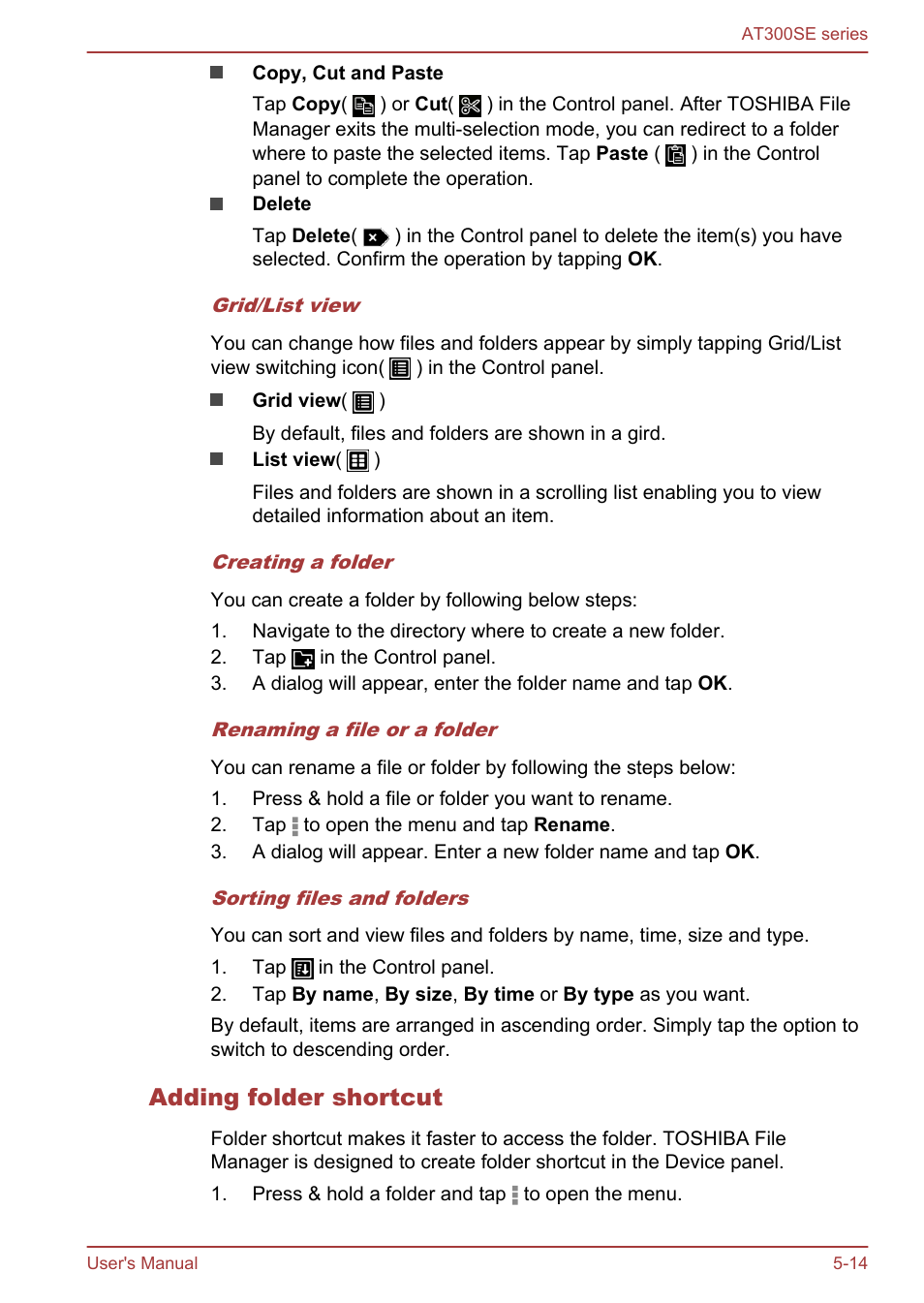 Adding folder shortcut | Toshiba AT300SE-B User Manual | Page 47 / 80