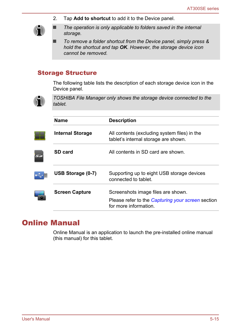 Storage structure, Online manual, Online manual -15 | Toshiba AT300SE-B User Manual | Page 48 / 80