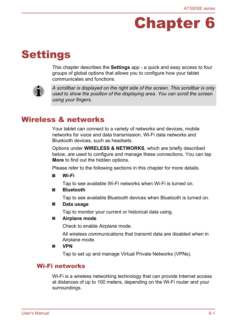 Chapter 6 settings, Wireless & networks, Wi-fi networks | Chapter 6, Settings, Wireless & networks -1 | Toshiba AT300SE-B User Manual | Page 49 / 80