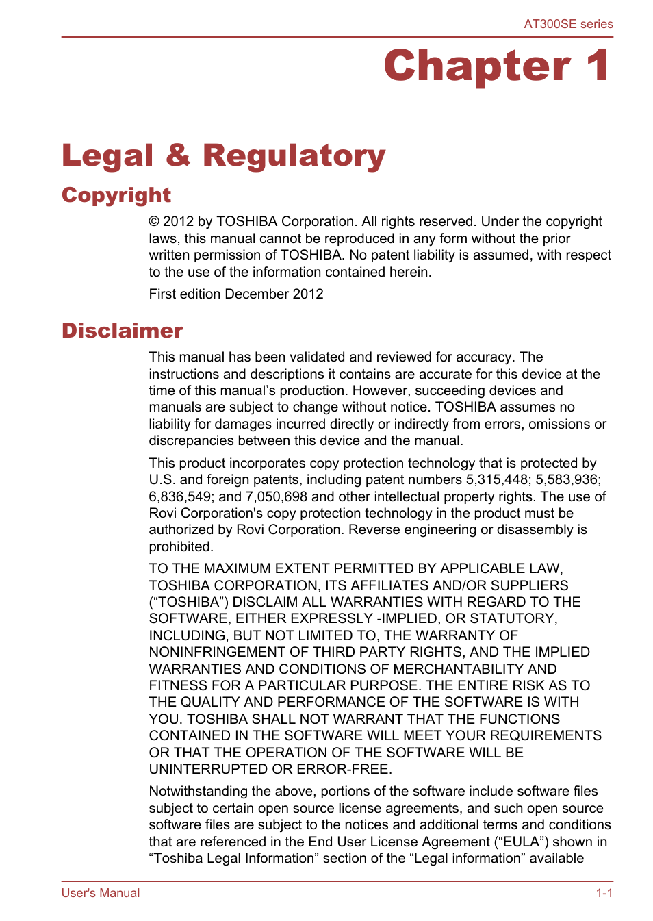 Chapter 1 legal & regulatory, Copyright, Disclaimer | Chapter 1, Legal & regulatory, Copyright -1 disclaimer -1 | Toshiba AT300SE-B User Manual | Page 5 / 80