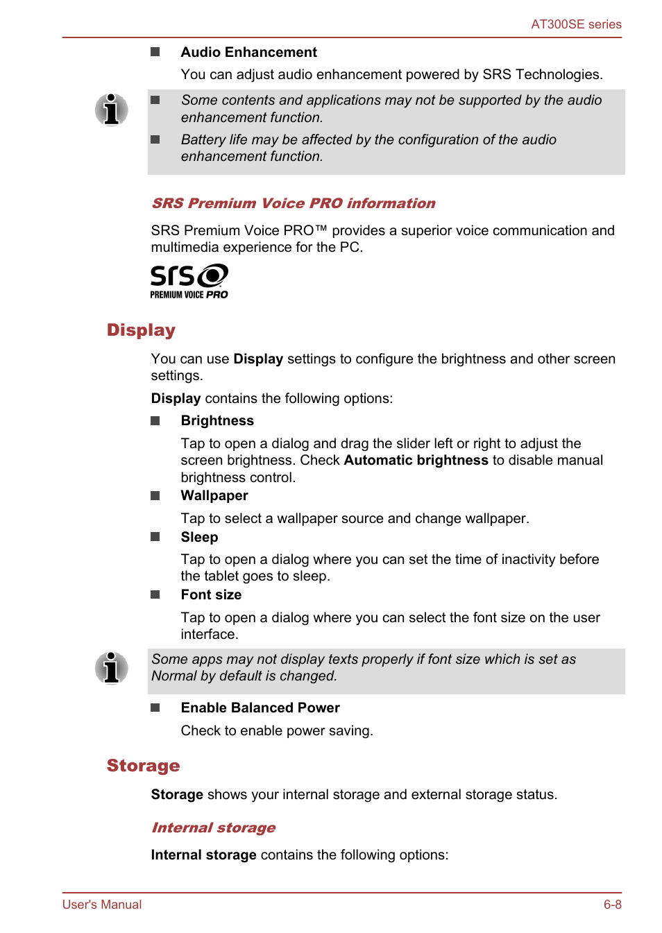 Display, Storage | Toshiba AT300SE-B User Manual | Page 56 / 80