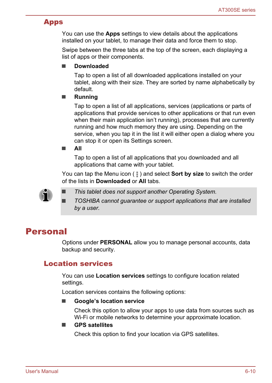 Apps, Personal, Location services | Personal -10 | Toshiba AT300SE-B User Manual | Page 58 / 80