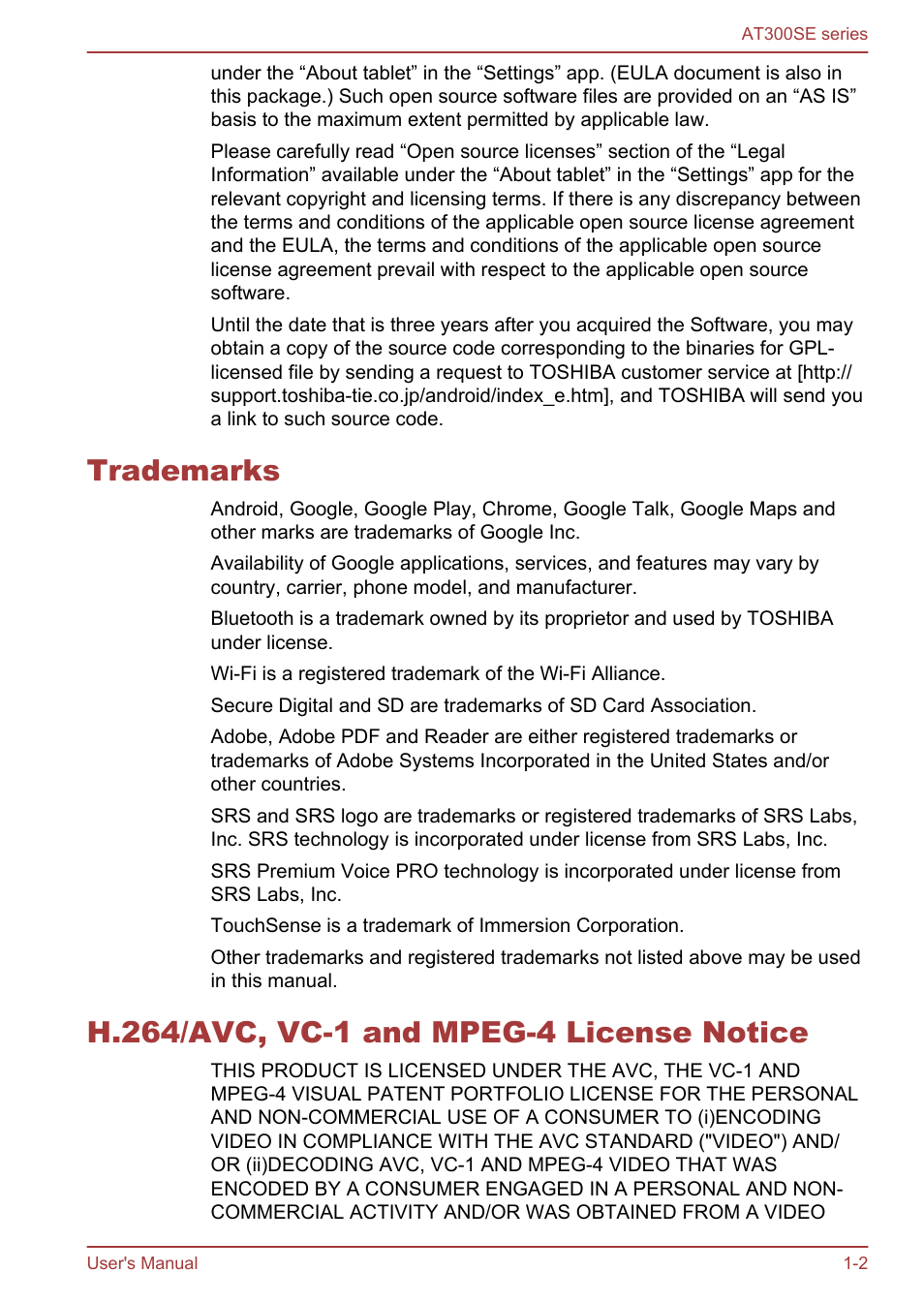 Trademarks, H.264/avc, vc-1 and mpeg-4 license notice | Toshiba AT300SE-B User Manual | Page 6 / 80