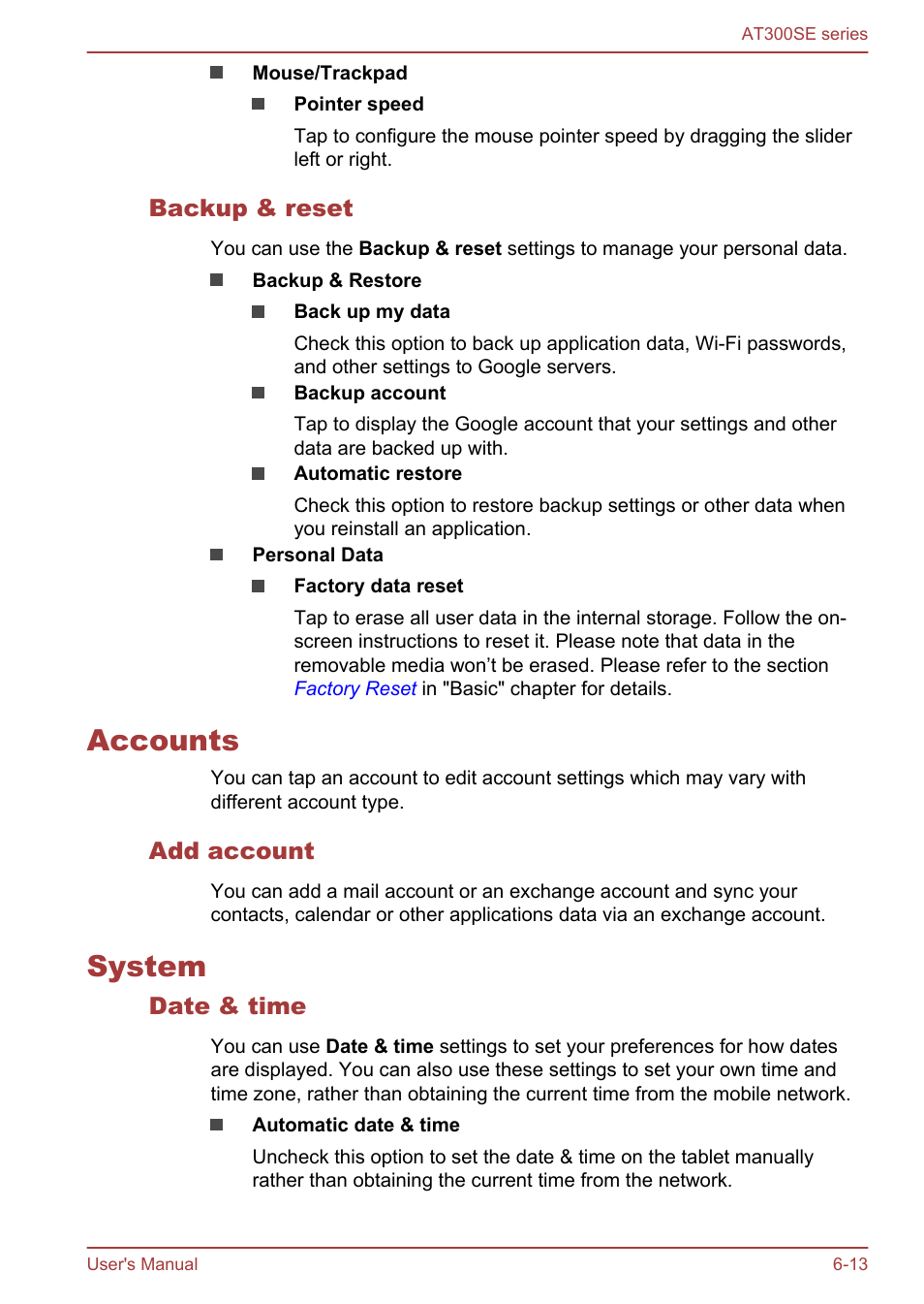 Backup & reset, Accounts, Add account | System, Date & time, Accounts -13 system -13 | Toshiba AT300SE-B User Manual | Page 61 / 80