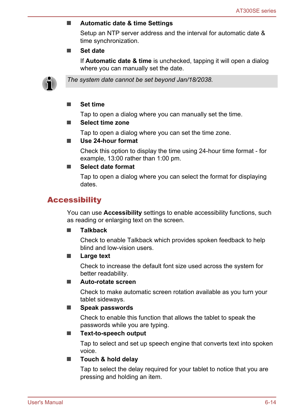 Accessibility | Toshiba AT300SE-B User Manual | Page 62 / 80