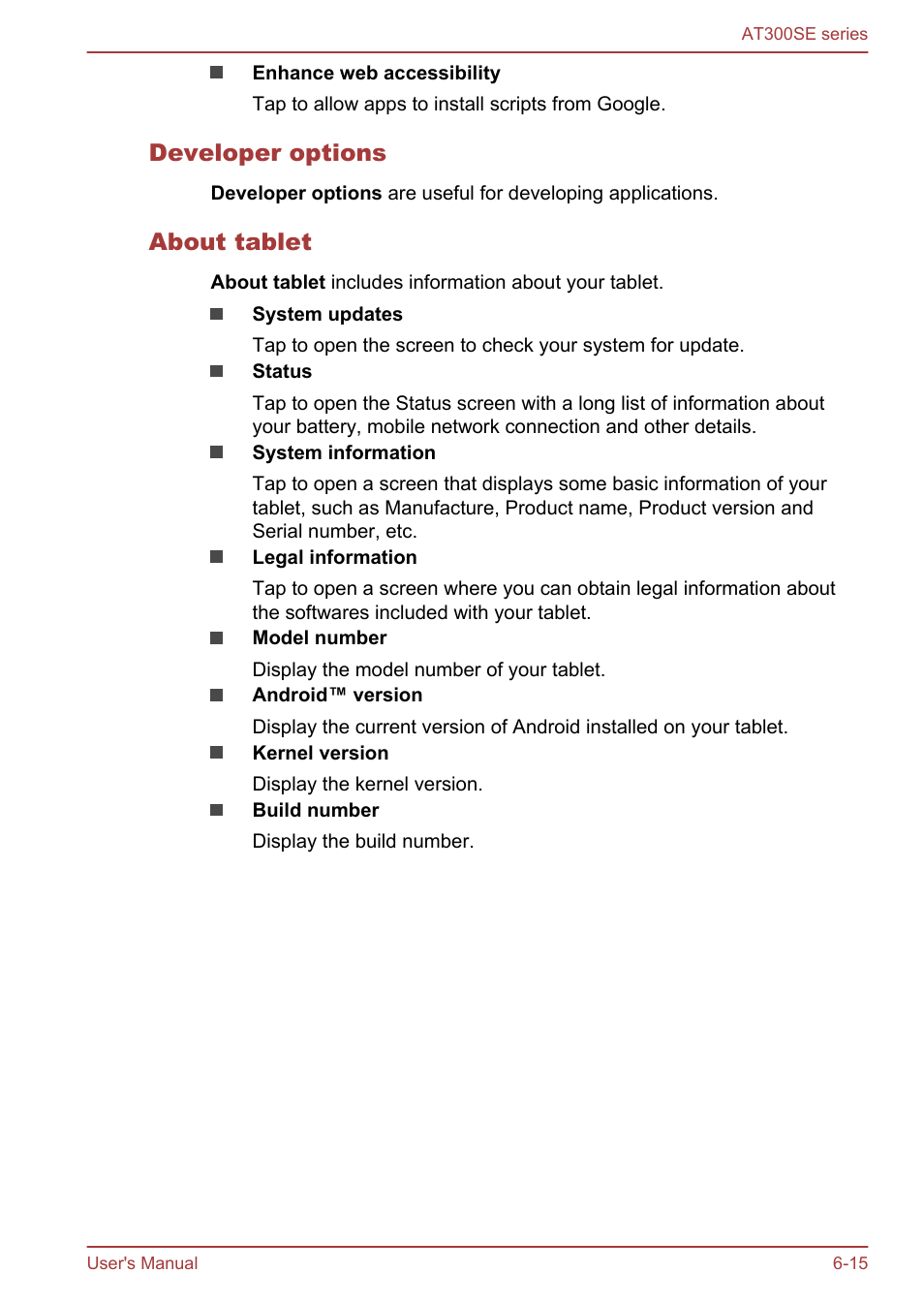 Developer options, About tablet | Toshiba AT300SE-B User Manual | Page 63 / 80