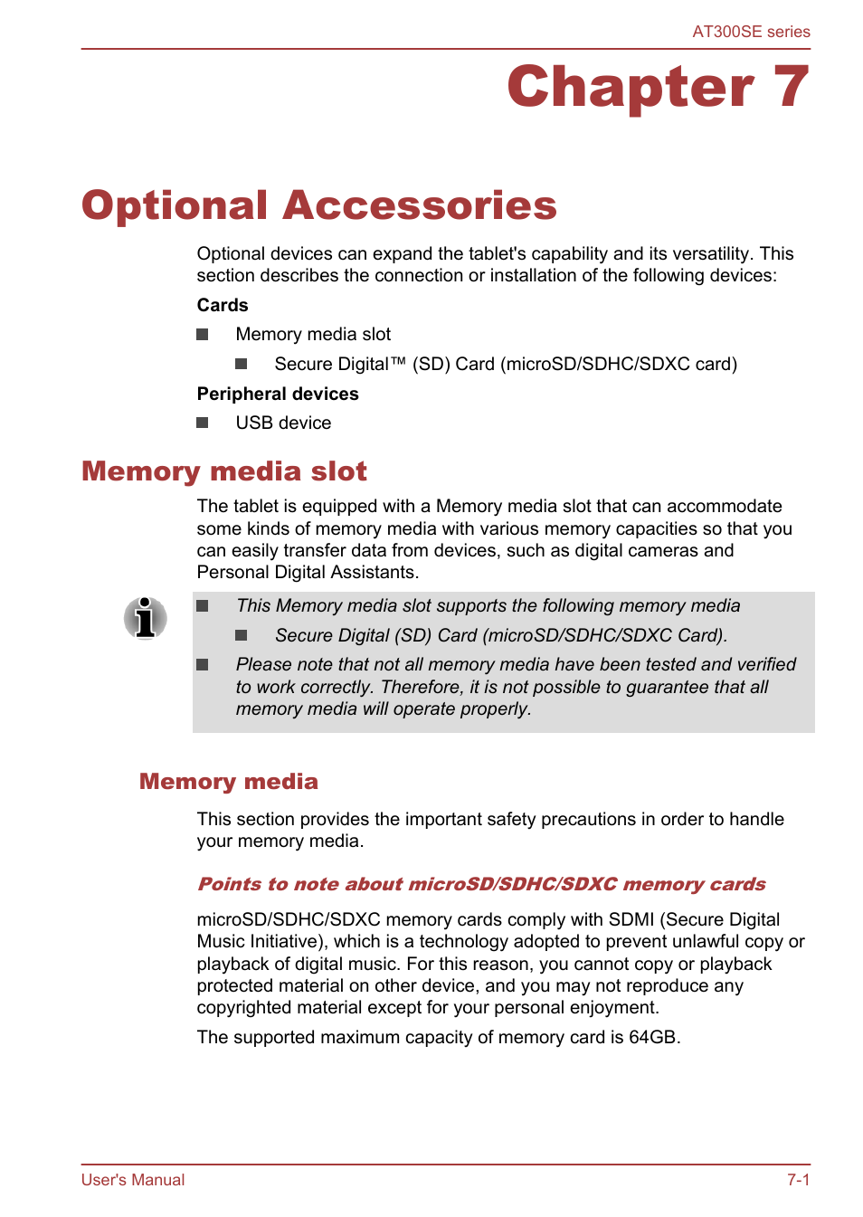 Chapter 7 optional accessories, Memory media slot, Memory media | Chapter 7, Optional accessories, Memory media slot -1 | Toshiba AT300SE-B User Manual | Page 64 / 80