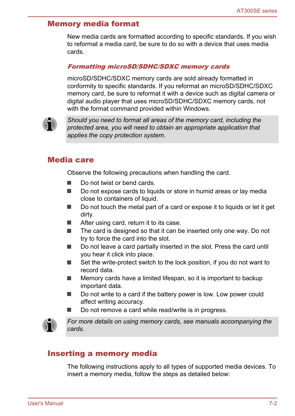 Memory media format, Media care, Inserting a memory media | Toshiba AT300SE-B User Manual | Page 65 / 80