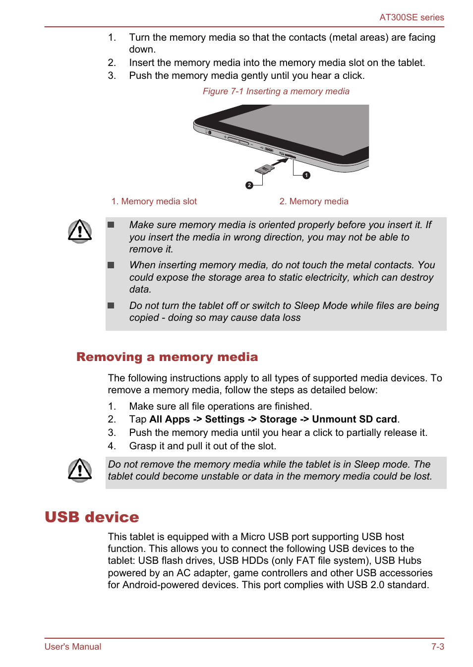 Removing a memory media, Usb device, Usb device -3 | Toshiba AT300SE-B User Manual | Page 66 / 80