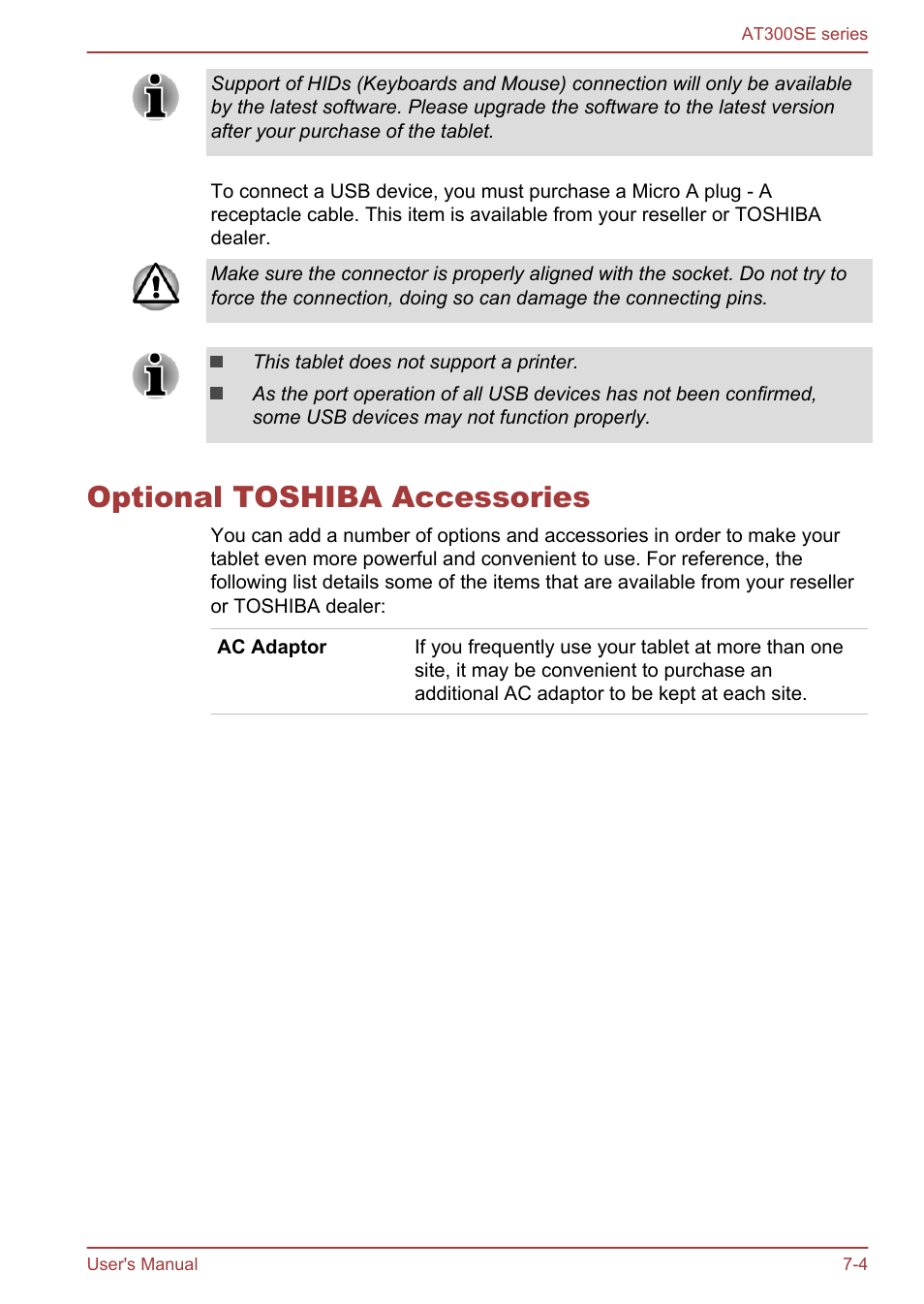 Optional toshiba accessories, Optional toshiba accessories -4 | Toshiba AT300SE-B User Manual | Page 67 / 80