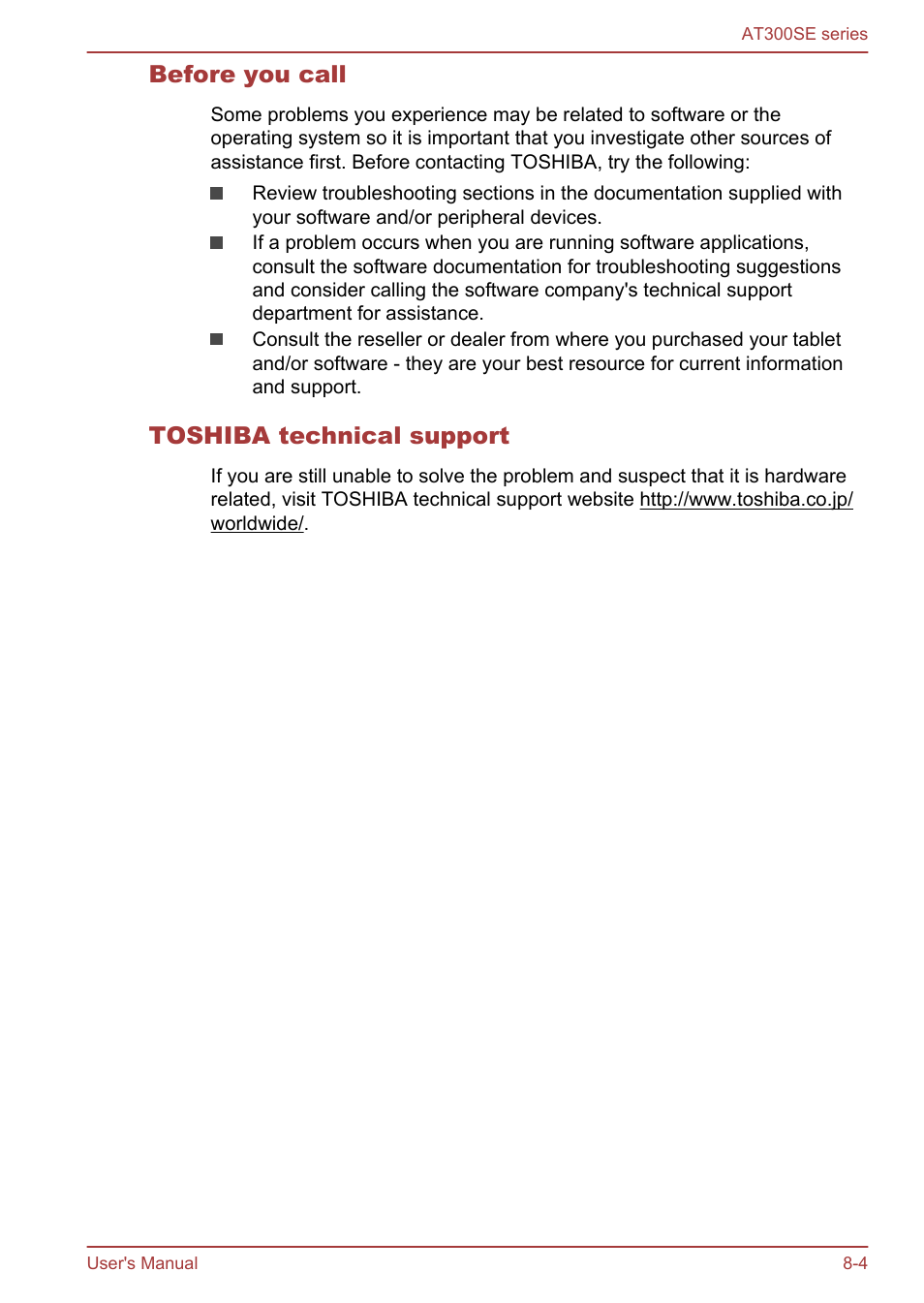 Before you call, Toshiba technical support | Toshiba AT300SE-B User Manual | Page 71 / 80